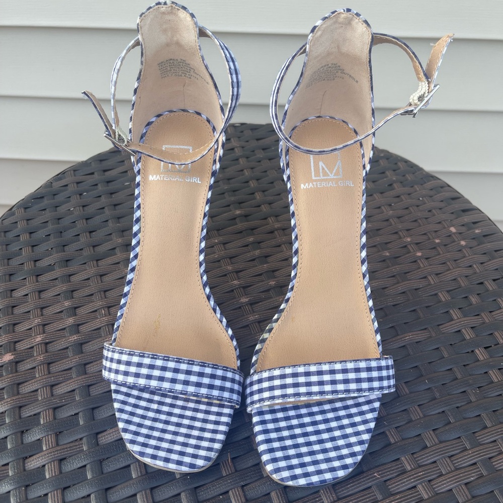 Blue and white gingham patterned stiletto heels